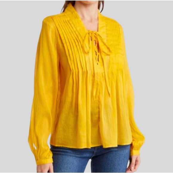 Rag & Bone Sachi Blouse Womens Large Yellow Boho Pintuck Tie Neck Cotton Silk - Picture 1 of 16